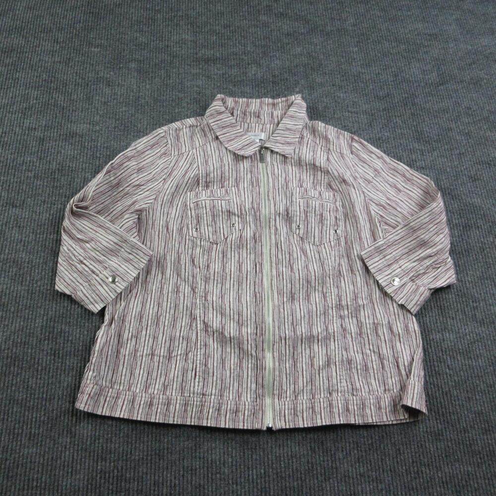 CJ Banks Jacket Womens 2X White Striped Chambray Collared Zip Pockets Short